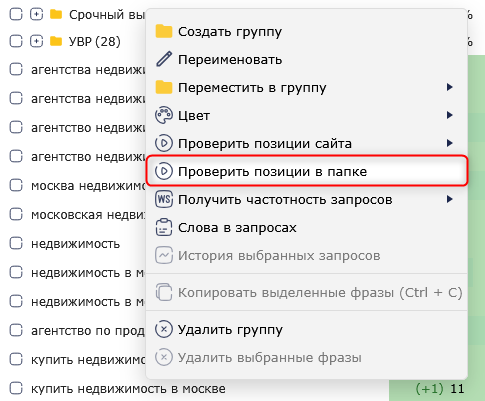 Проверка позиций сайта в папках
